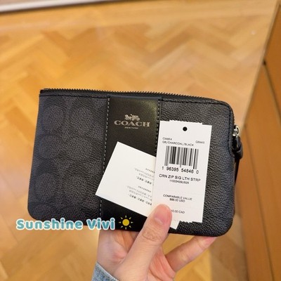 Coach Black Leather Corner Zip Wristlet with Moon Star Heart