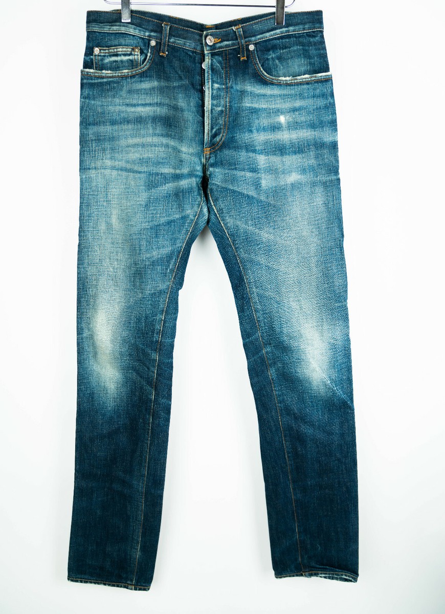DIOR HOMME Blue Washed Denim Jeans Skinny Slim 32 33 34 Unhemmed