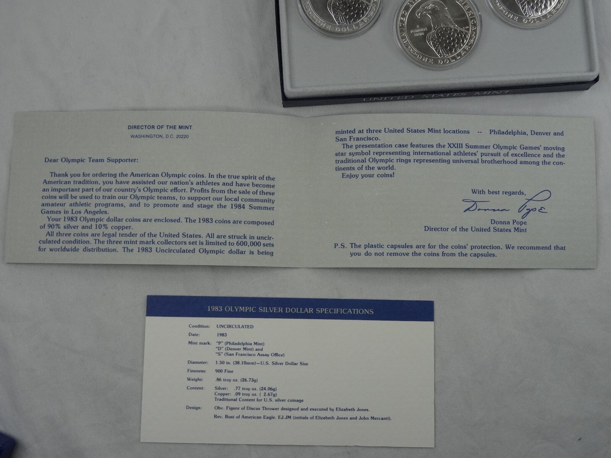 1983 Olympic Silver Dollar P D & S Uncirculated 3 Coin Set Box