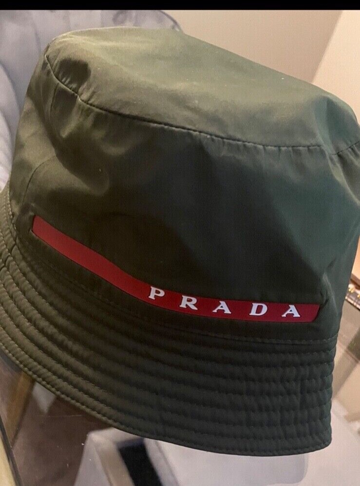 Prada Re-Nylon bucket hat, Green w/ Red Stripe, Excellent