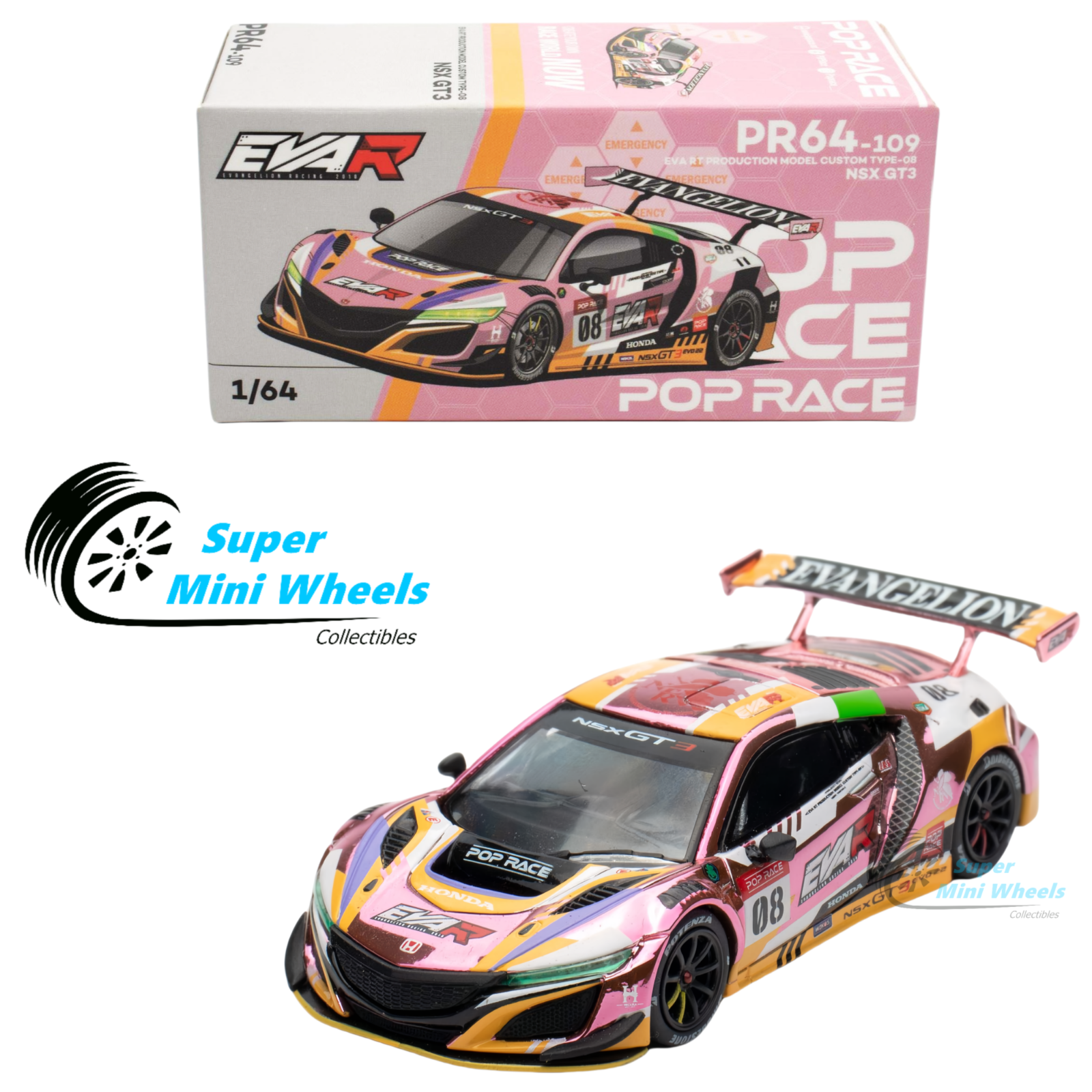 Pop Race 1:64 HONDA NSX GT3 EVO22 EVA RT PRODUCTION TYPE-08 Chrome