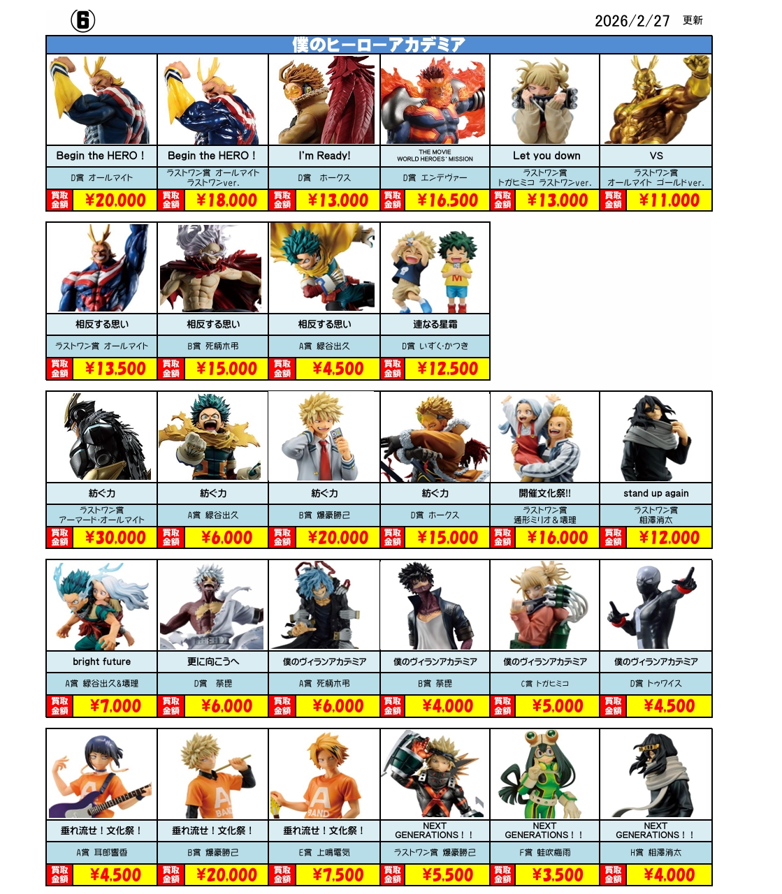 佐原東店】◇◇☆少年誌作品一番くじ買取リストはこちら