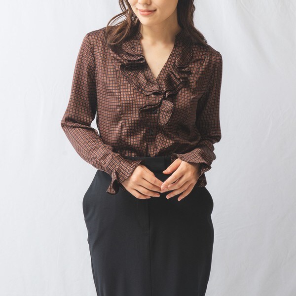 サテン幾何プリントフリル長袖ブラウス | ナラカミーチェ(NARACAMICIE