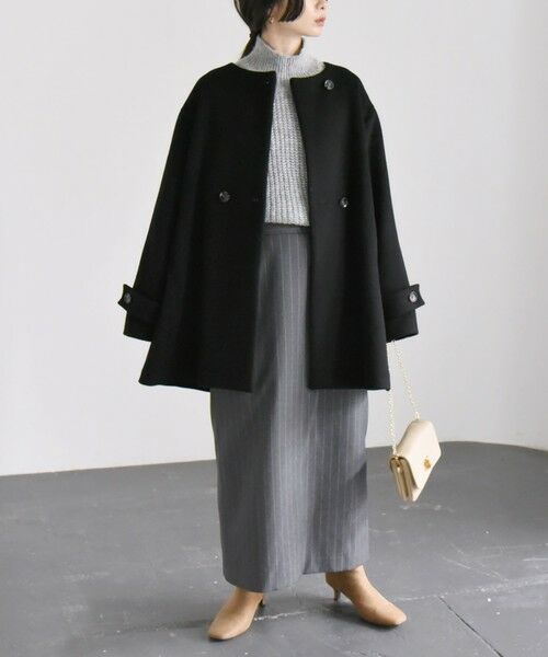 セール】 quaranciel: ウール ノーカラー ダブルフロント ミドル