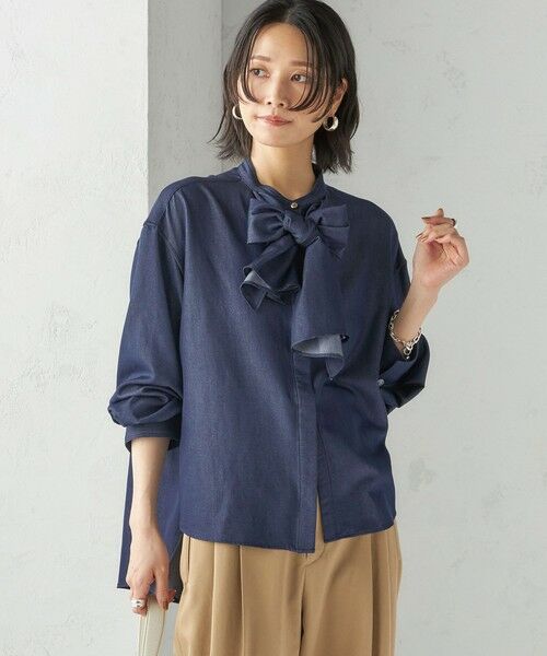 セール】 〈手洗い可能〉デニム ライク リボン タイ ブラウス （シャツ