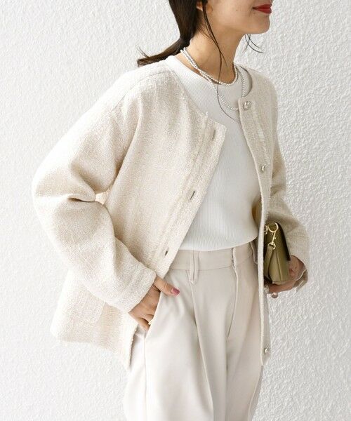 セール】 SHIPS any:ノーカラー ツイード ジャケット［NAVY BLUE