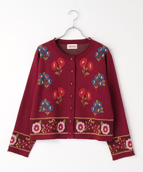 花柄ジャガードニットカーディガン （カーディガン・ボレロ）｜PINK