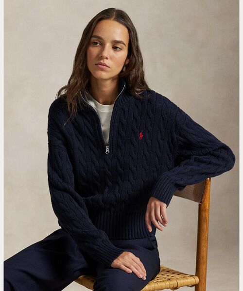 ケーブルニット コットン クォータージップ セーター （ニット