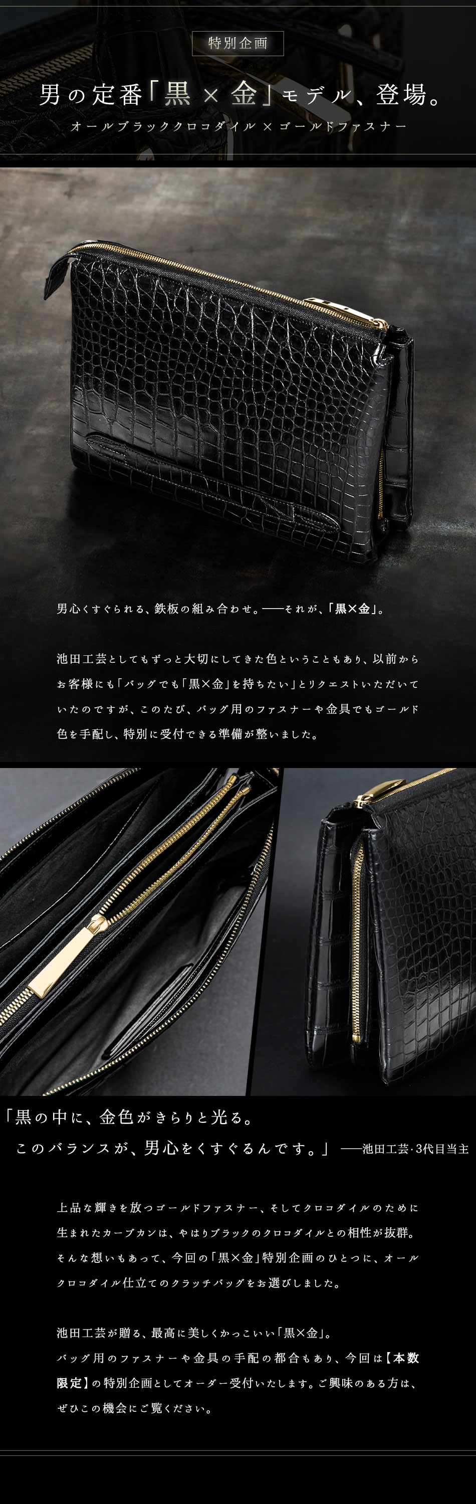 池田工芸】「クロコ1頭を携える」オールクロコダイルクラッチバッグ