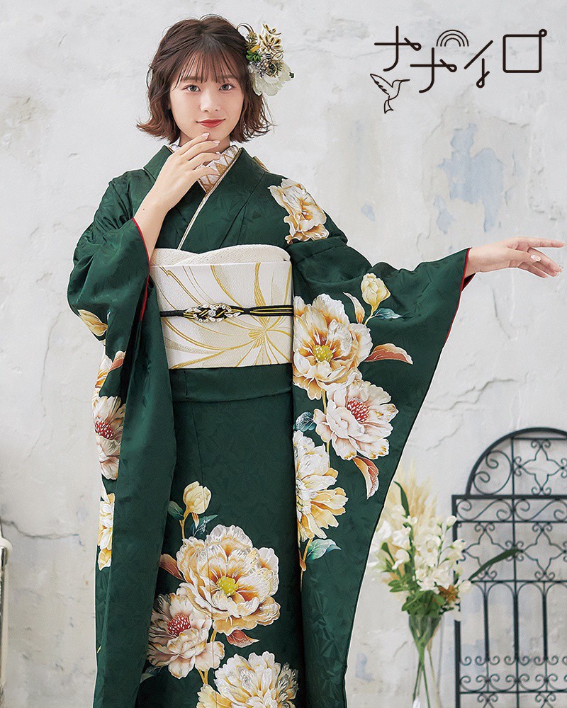 楽天市場】【振袖 レンタル】 結婚式 結納R2051 正絹 深緑 牡丹