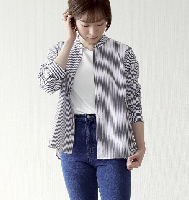 ashuhari (アシュハリ) ストライプ バンドカラーAラインシャツ Free