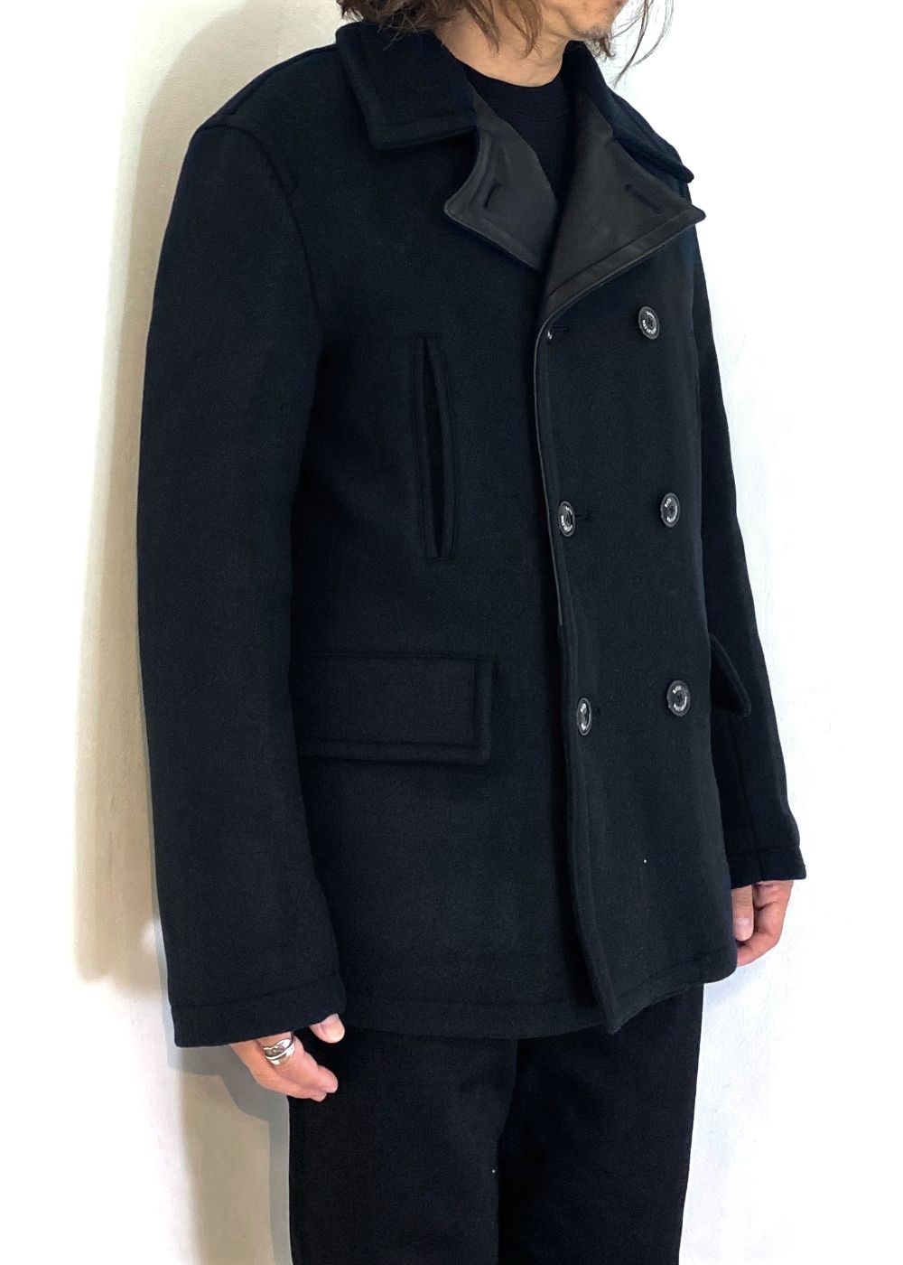 RATS - DOUBLE BREASTED WOOL JKT (BLACK) / 襟レザー ピーコート