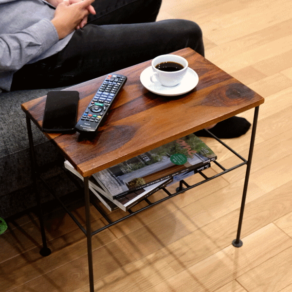 サイドテーブル 木製 アイアン 棚付き 天然木 無垢材 鉄脚 アカシア