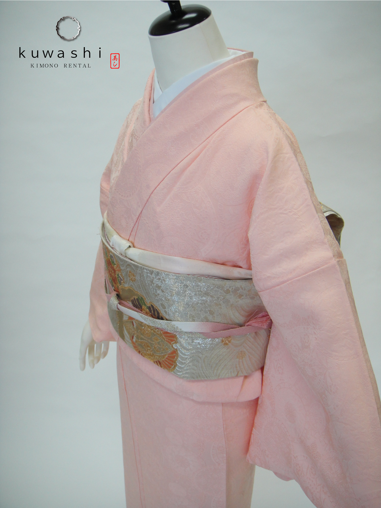 正絹色無地レンタル】 10015 一つ紋ピンク地紋正絹色無地フル