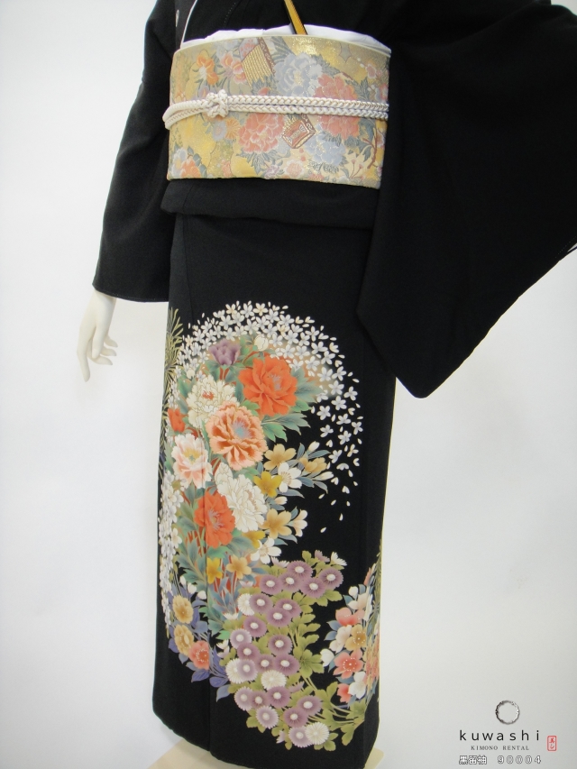 正絹黒留袖レンタル】 90004 四季花友禅黒留袖袋帯セット 【身長