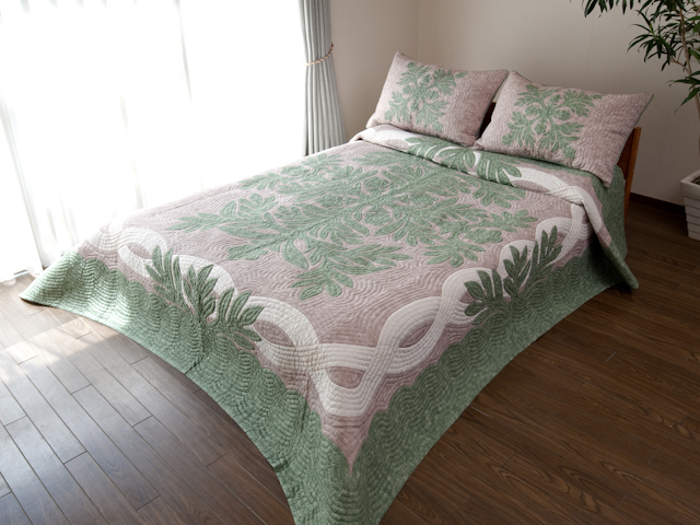 ハワイアンキルトベッドカバー イリマレイ モスグリーン&グレイ