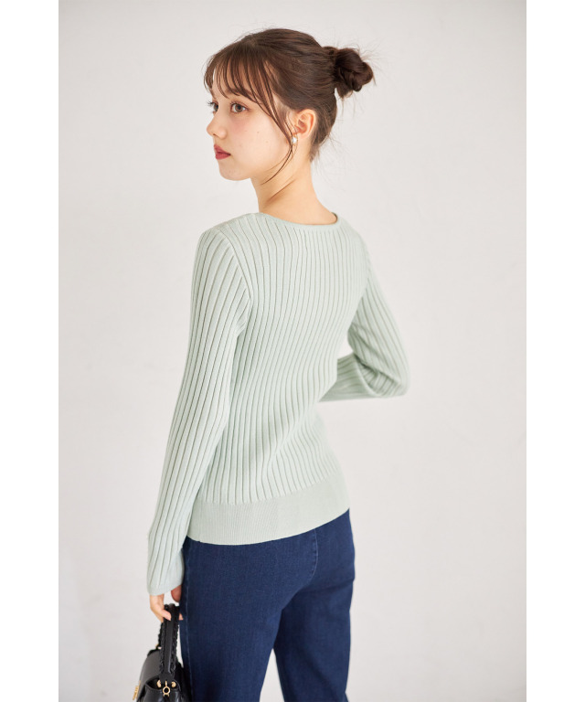 袖口パール付きVネックリブニットプルオーバー