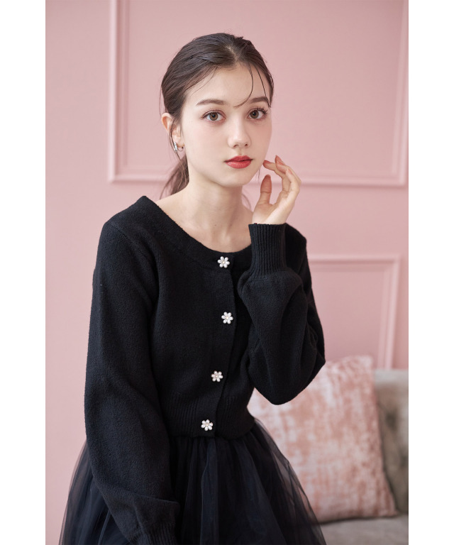 フラワー釦ショート丈ニットカーディガン×チュールフレアスカートSET