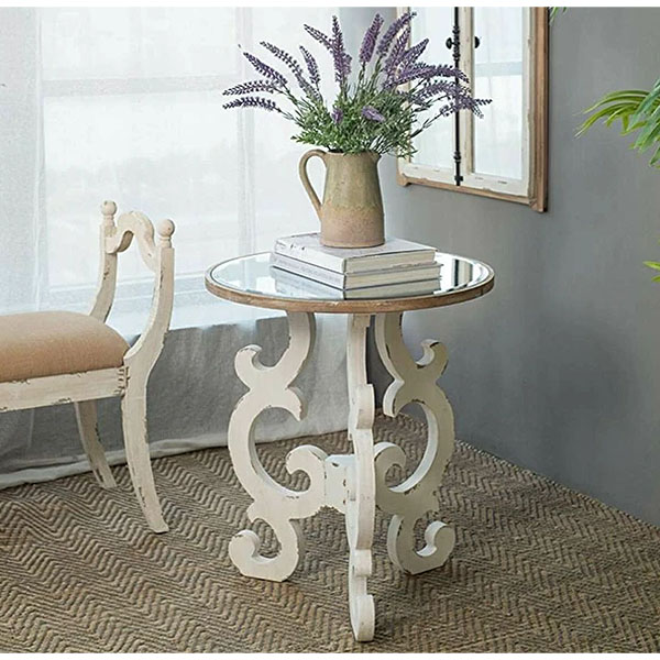 シャビーシック アンティークホワイト サイドテーブル（ミラー天板