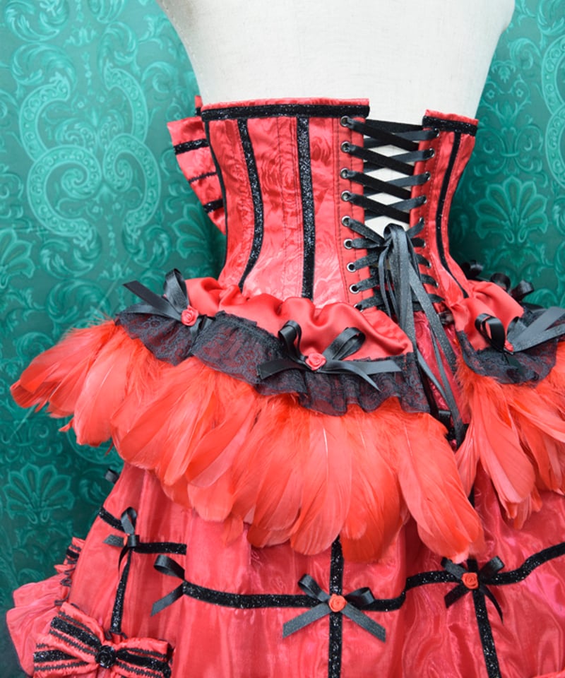 kki.2605 赤と黒の薔薇と羽根のコルセット クリノリン風スカートSet