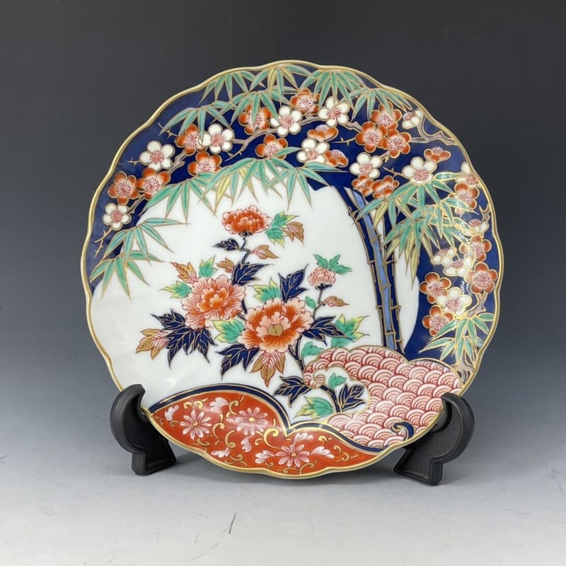 大皿 『椿・菊・梅 (中央丸・周囲六面)』 古伊万里 Aa-110 古伊万里風