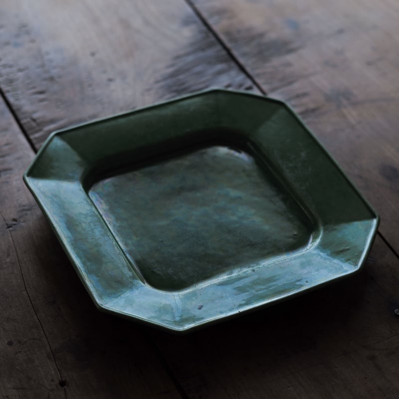 19世紀 珉平焼 無地緑釉隅切角皿 / 江戸幕末 | tsuchika