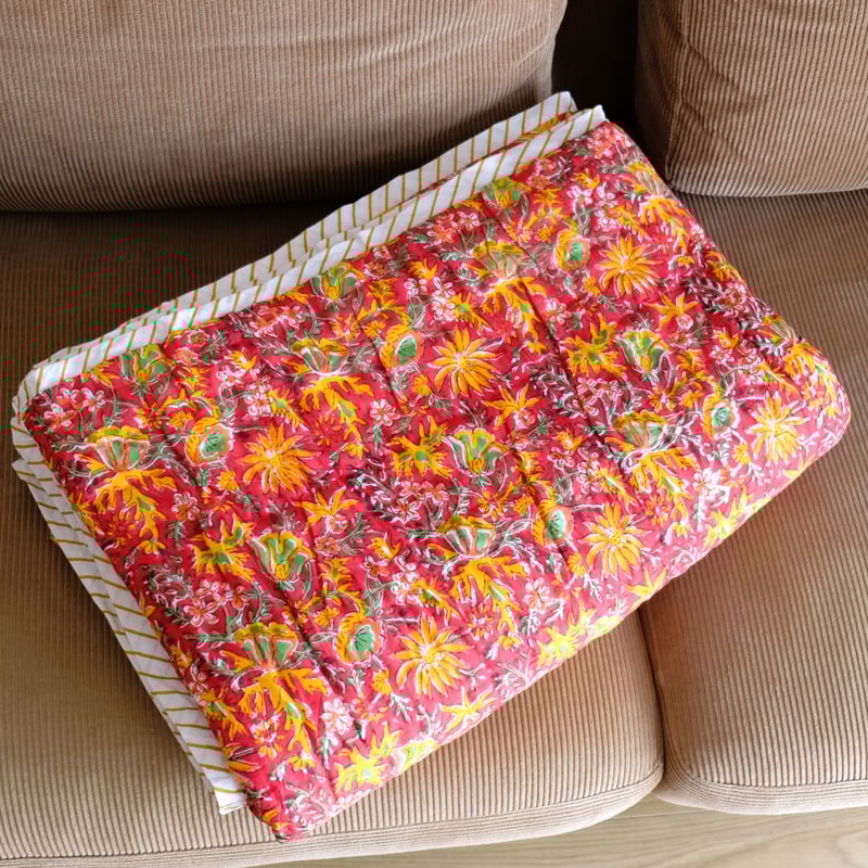 キルト ブランケット インド綿 ブロックプリント シングルサイズ