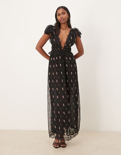 For Love & Lemons Poppy pleated lace maxi dress in black | ASOS