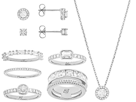 White Cubic Zirconia Rhodium Over Brass Ring, Stud, and Necklace