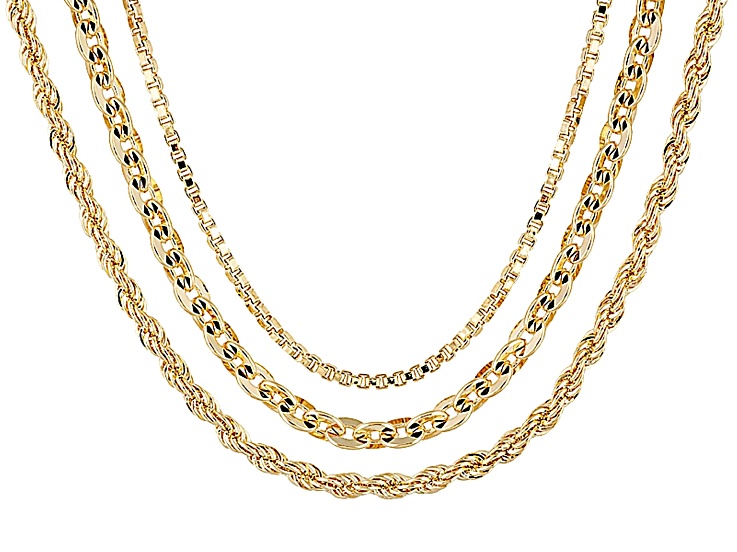 18k Yellow Gold Over Bronze Box, Rope, Cable Link Chain Set Of 3