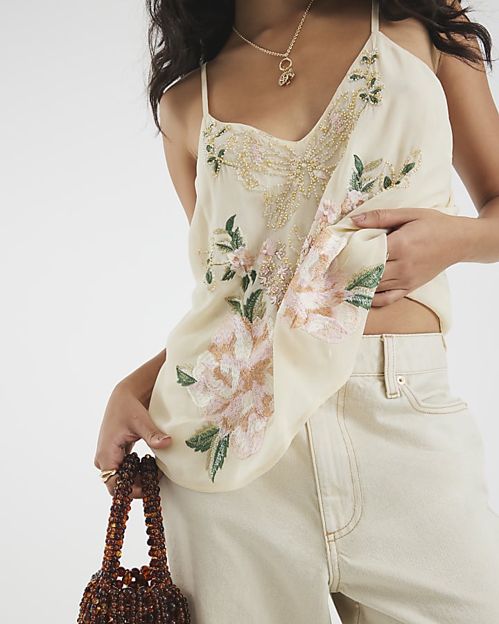 Cream Floral Sleeveless Embroidered Cami Top | River Island