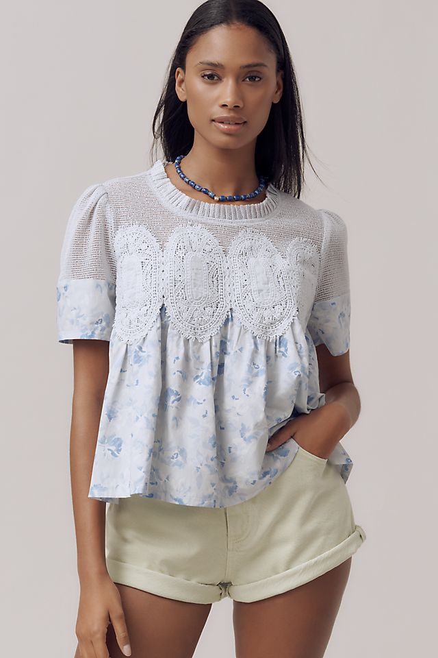The Iris Short-Sleeve Lace Poplin Blouse by En Elly | Anthropologie