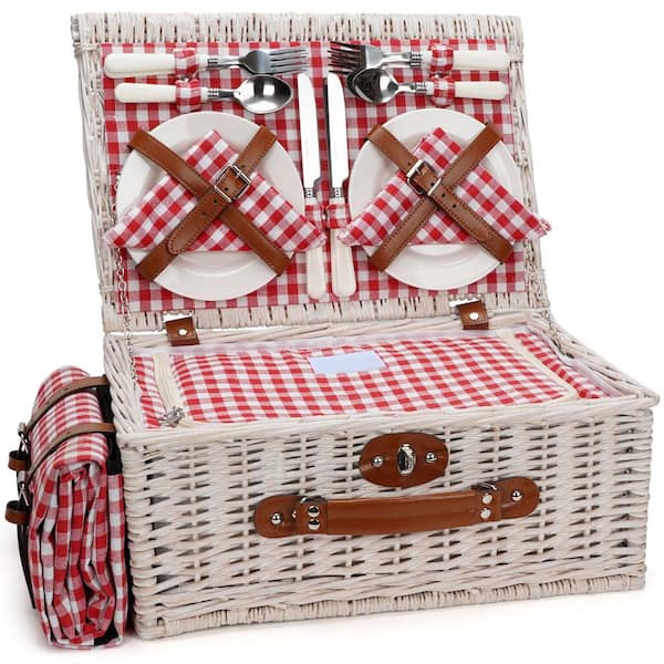 Numhew Wicker Picnic Basket with Insulated Compartment, Red Check