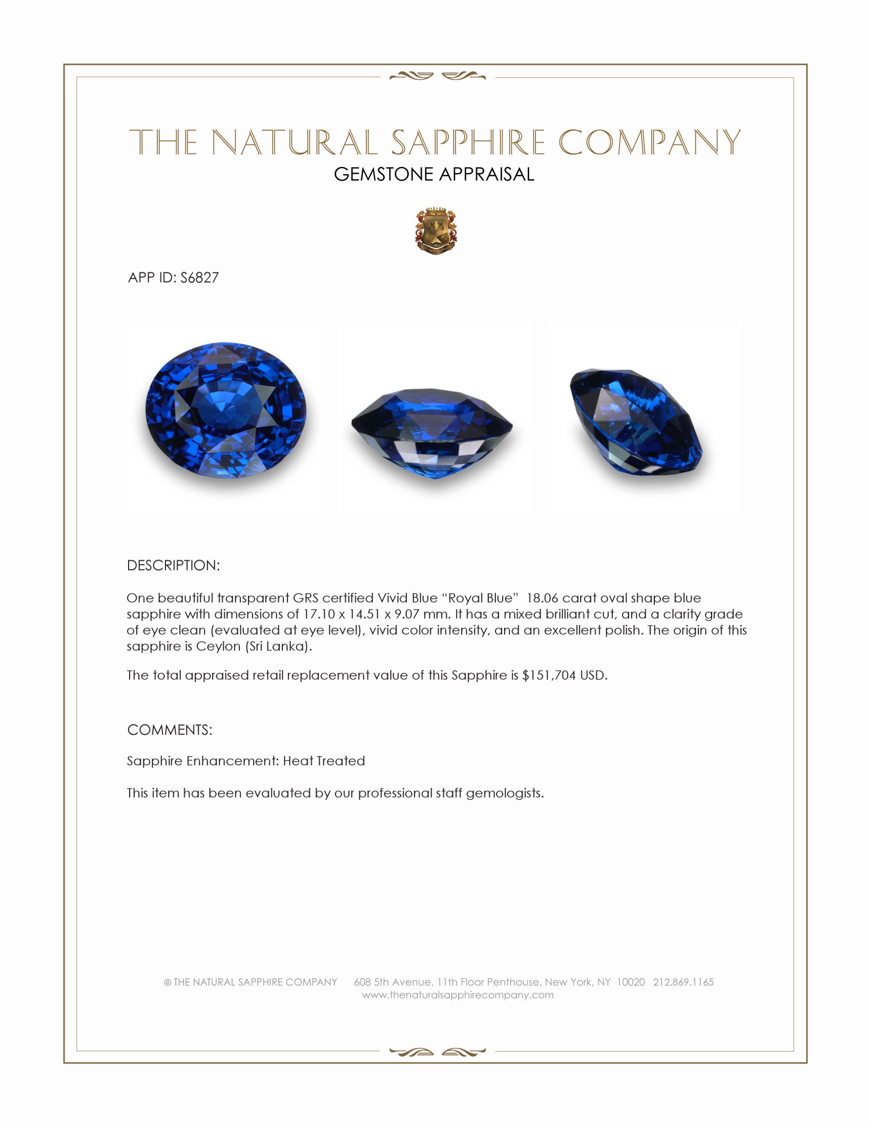 Loose Blue Sapphire - Oval 18.06 Ct. - #S6827 | The Natural