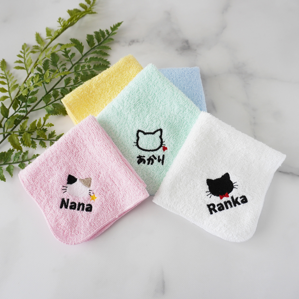 メール便・名入れ無料】猫ちゃん 34 刺繍入り ハンカチタオル｜1〜4点