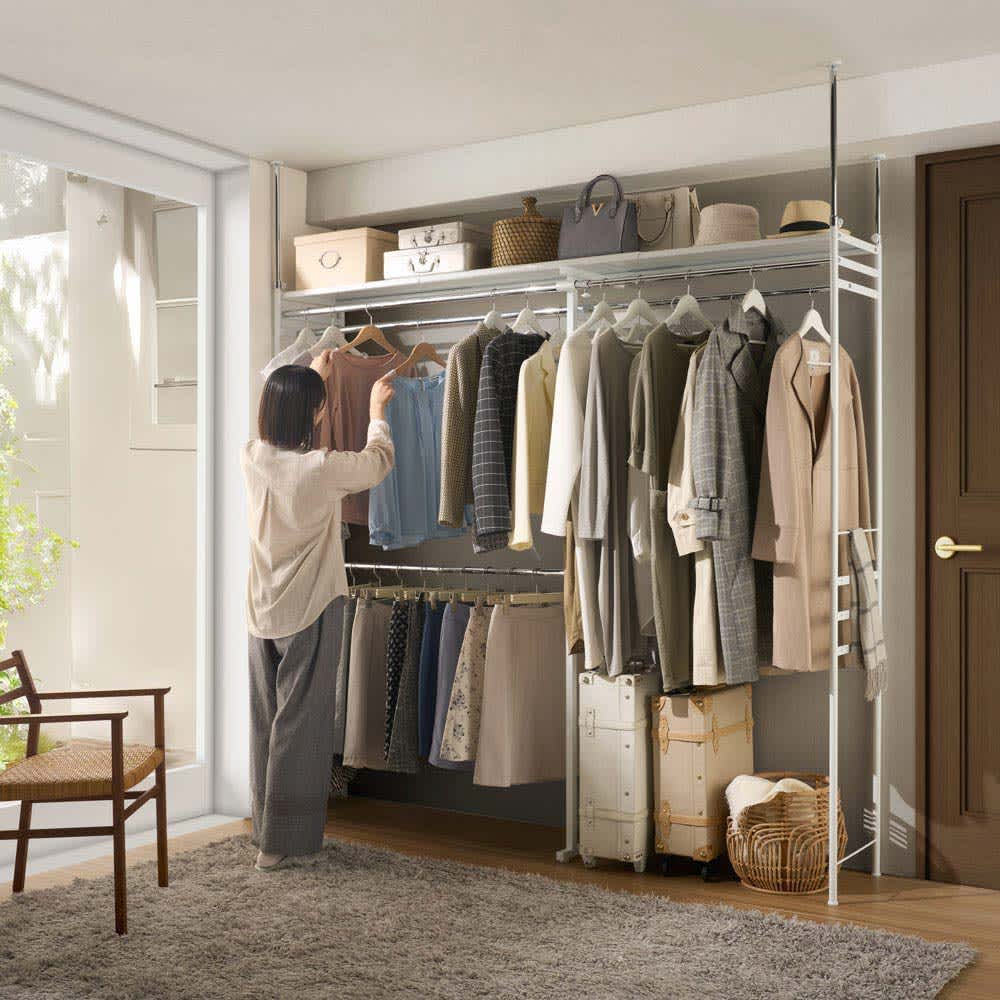 前後2列掛け 薄型大容量頑丈ダブルハンガー ロータイプ 幅150cm～250cm