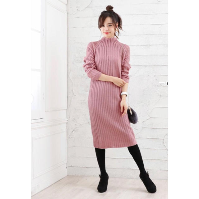 お値下げ ピンク ニットワンピース リブニット 膝丈ワンピース ピンク