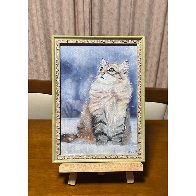 ☆参考「雪空を見上げる猫」ver.パステル［手描き］原画 パステル画