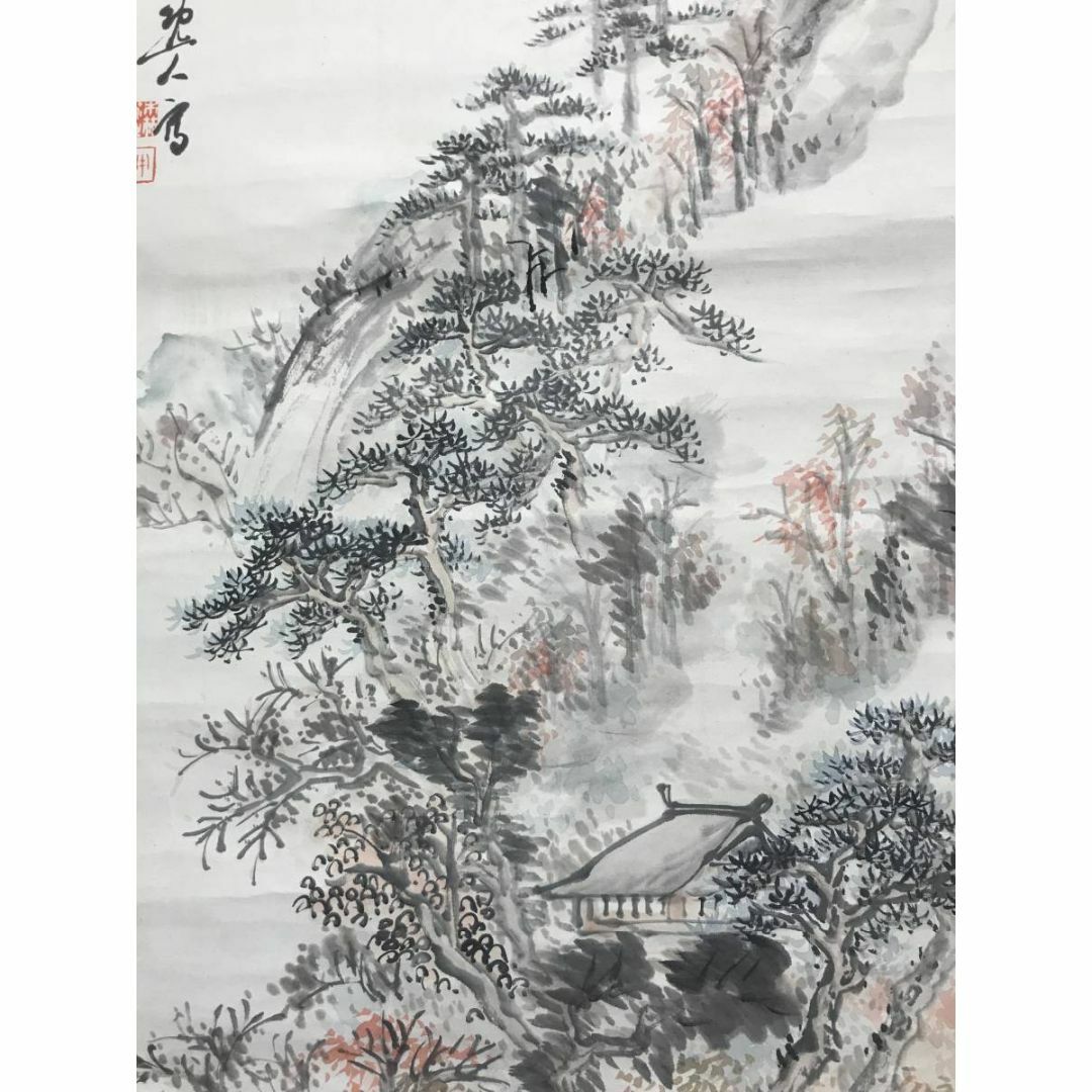 真作】森半逸/楓林煙寺/山水図/秋景山水図/掛軸☆宝船☆AC-744の通販