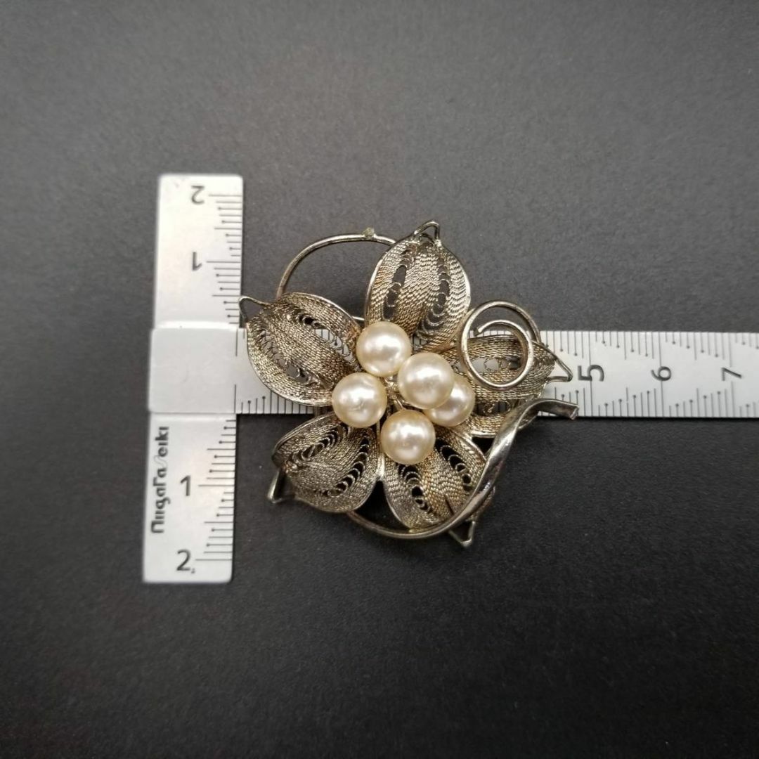 フローラル パール スターリングシルバー ヴィンテージ ブローチ 銀線
