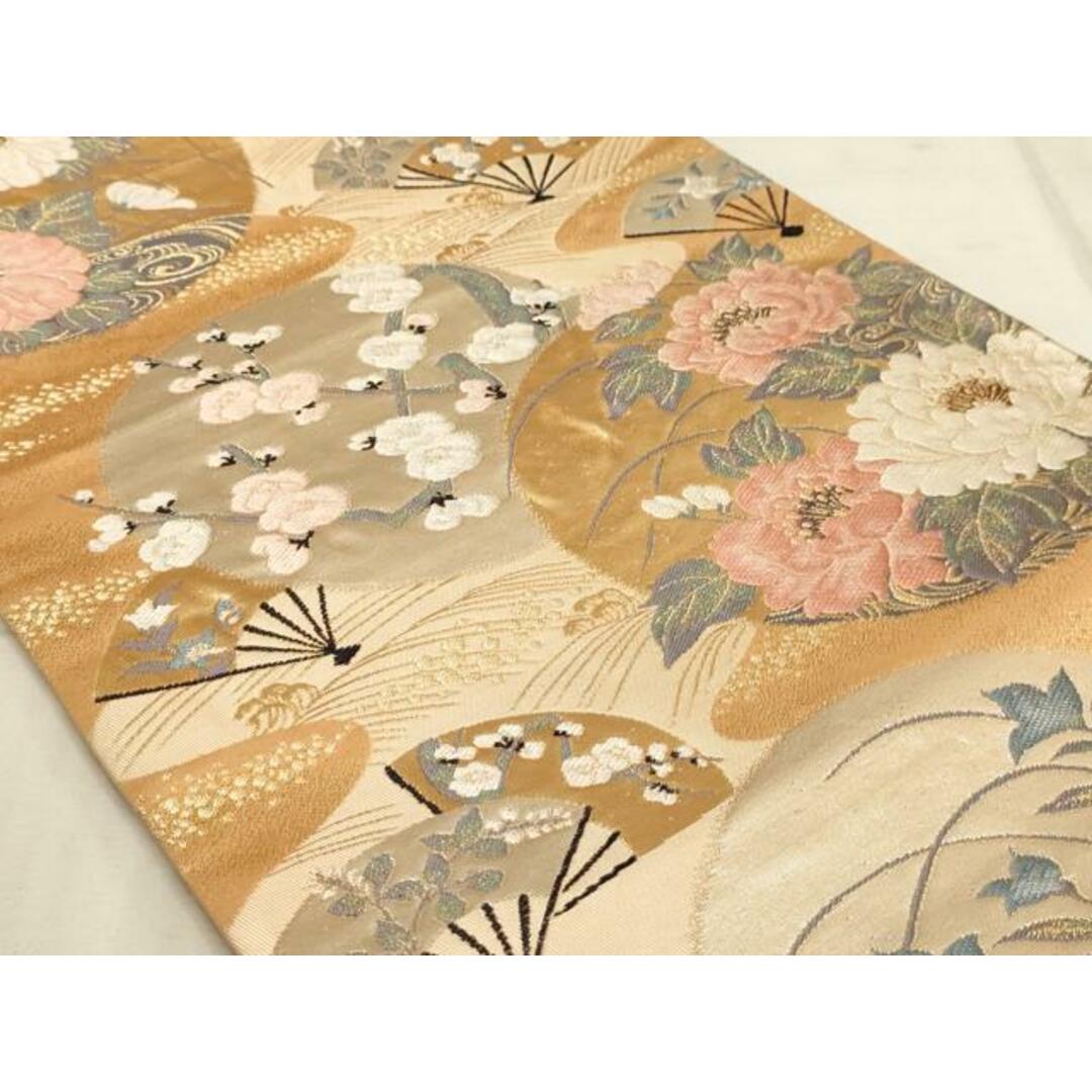 平和屋着物◎六通柄袋帯 流水扇面花丸文 金糸 正絹 逸品 AAAO6726sxの