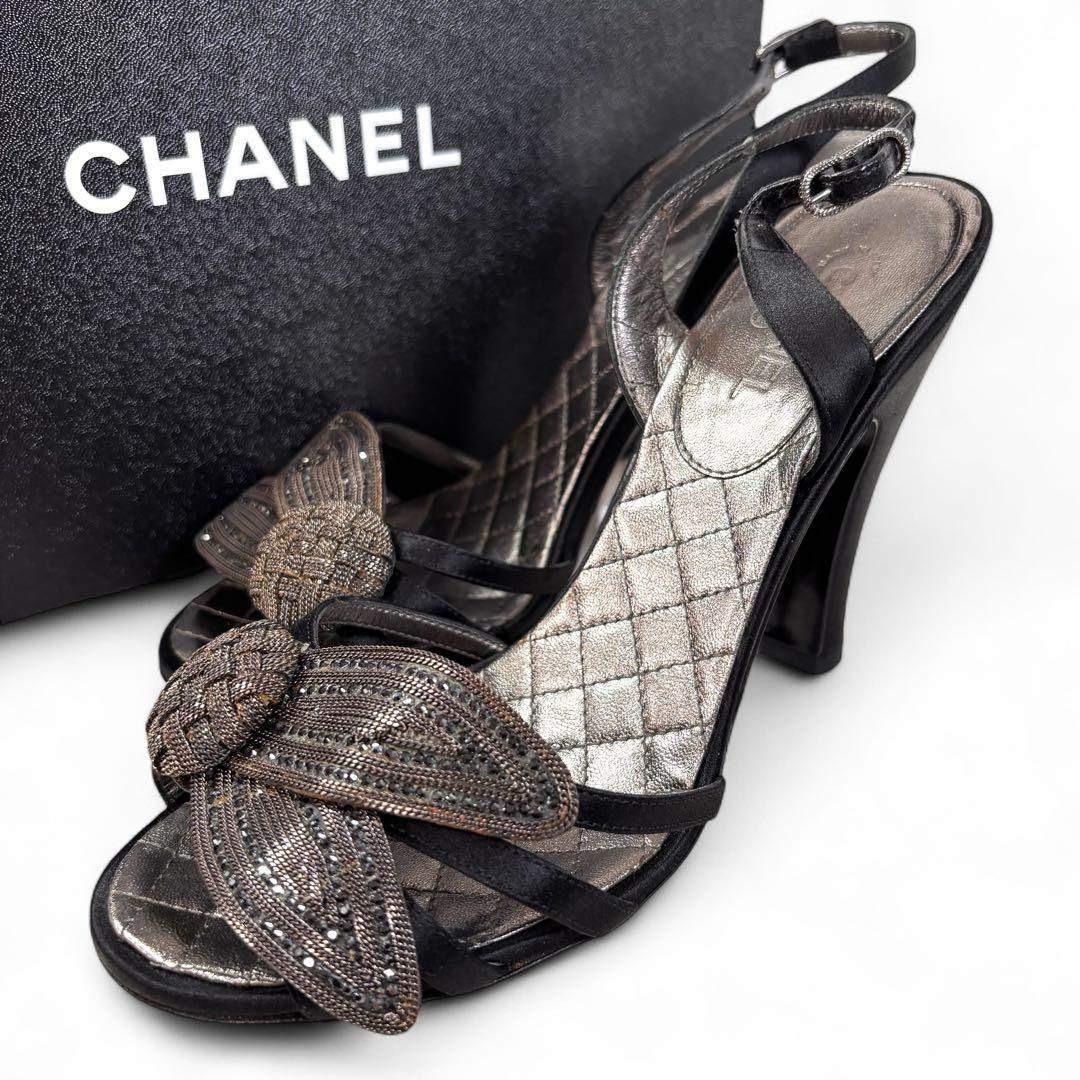 シャネル 37 24 サンダル マトラッセ ココマーク ビジュー ブラック