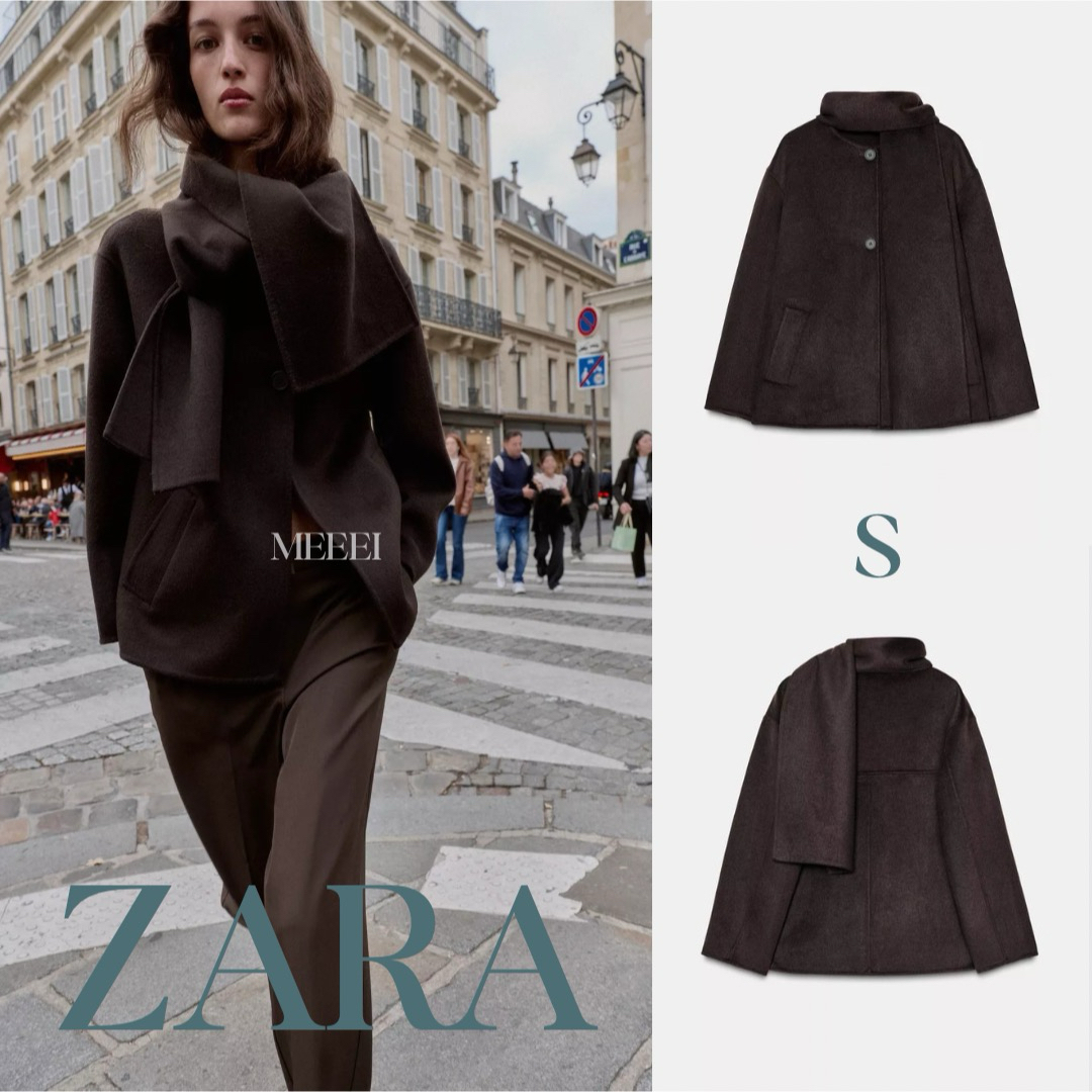ZARA ウールショートスカーフコート S 新品未使用 ブラウン