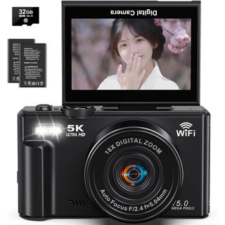 新品！デジカメ コンパクト 5k ブラック 軽量 180度回転画面 自撮り大