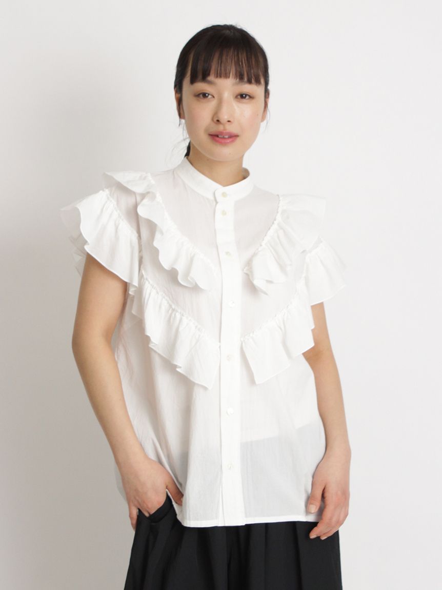 オーガニックコットンヴィンテージローンフリルシャツブラウス