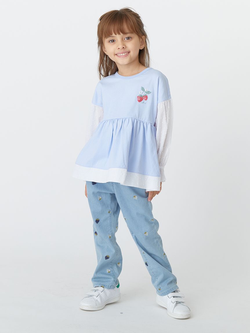 いちご刺繍ストレッチデニムセミフレアパンツ（デニムパンツ）｜hakka