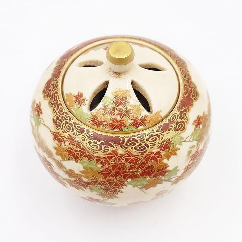 昭和初期薩摩焼香炉 四季花デザイン 箱付きアンティーク