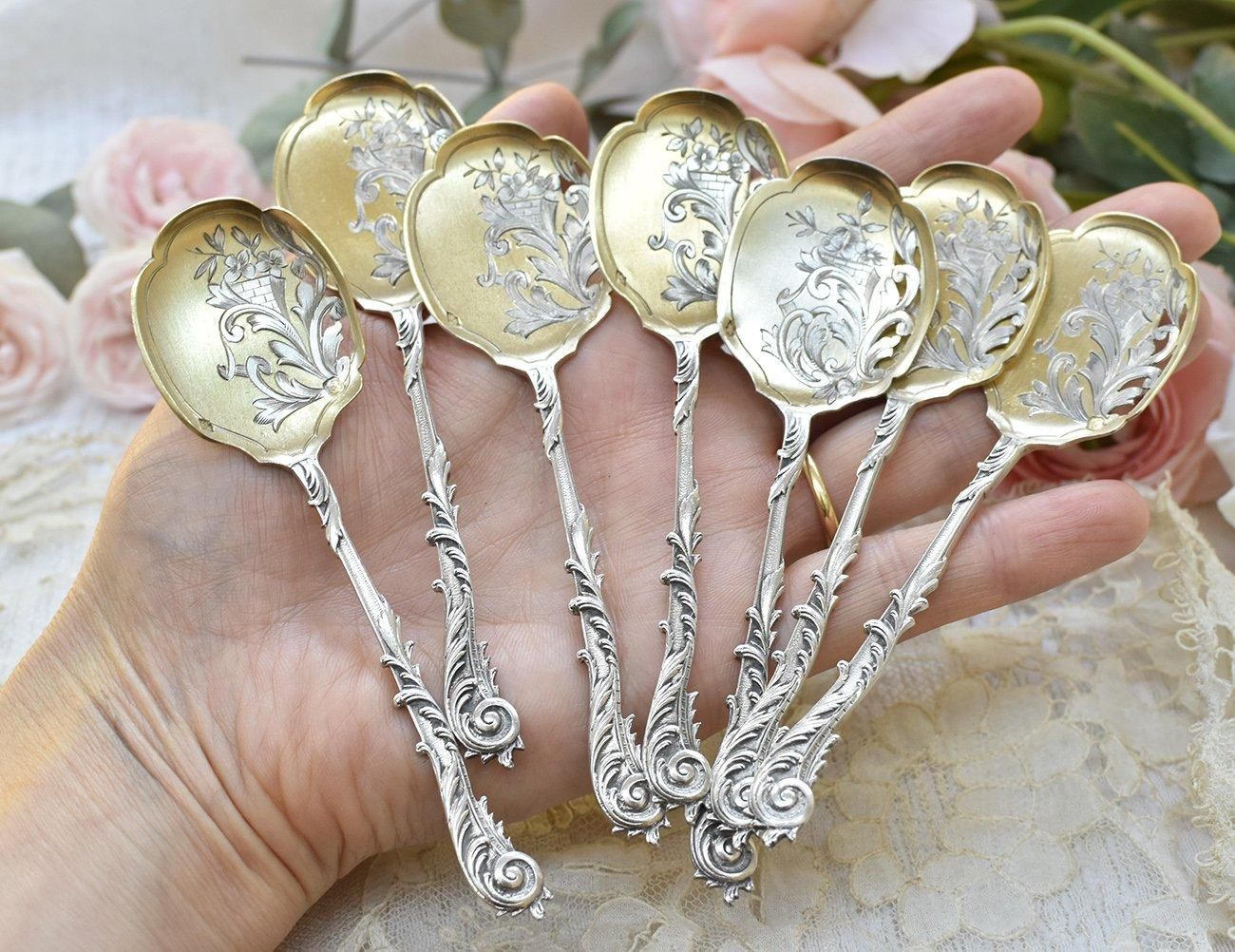 仏アンティーク銀器【銀950】アイスクリームスプーン 6本組