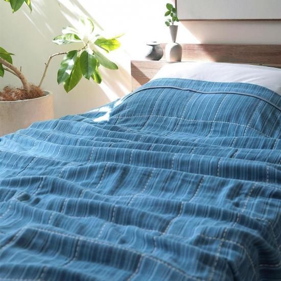 三河木綿6重ガーゼケット ブルー - 天然屋｜天然素材の寝具専門店