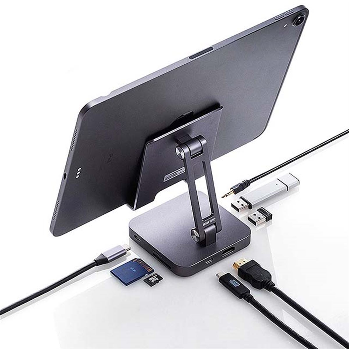 サンワ、スタンド機能付きUSB Type-Cドッキングハブ「400-HUB088GM